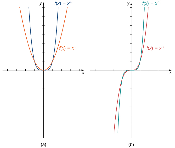 "An image of two graphs. Both graphs have an x axis that runs from -4 to 4 and a y axis that runs from -6 to 7. The first graph is labeled “a” and is of two functions. The first function is “f(x) = x to the 4th”, which is a parabola that decreases until the origin and then increases again after the origin. The second function is “f(x) = x squared”, which is a parabola that decreases until the origin and then increases again after the origin, but increases and decreases at a slower rate than the first function. The second graph is labeled “b” and is of two functions. The first function is “f(x) = x to the 5th”, which is a curved function that increases until the origin, becomes even at the origin, and then increases again after the origin. The second function is “f(x) = x cubed”, which is a curved function that increases until the origin, becomes even at the origin, and then increases again after the origin, but increases at a slower rate than the first function."