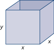 "A box with square base is shown. The base has side length x, and the height is y."